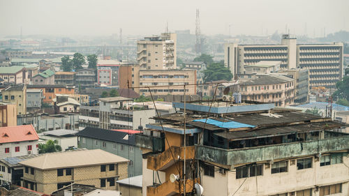 High angle view of buildings in city