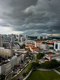 High angle view of buildings in city against sky