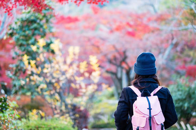 Rear view of man standing against plants during autumn