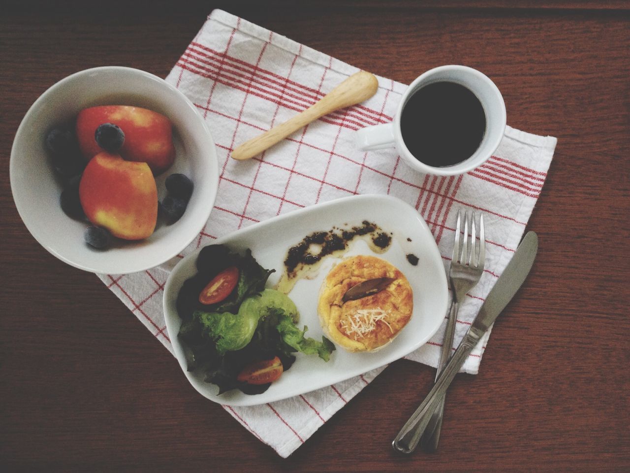 food and drink, freshness, food, table, indoors, plate, ready-to-eat, still life, drink, healthy eating, breakfast, directly above, serving size, high angle view, refreshment, spoon, fork, meal, coffee cup, bread