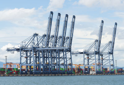 Cranes at commercial dock against sky