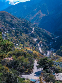 High angle view of trees and mountains