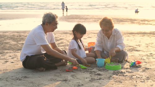 Rear view of people sitting on beach