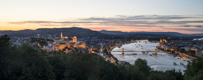 A panoramic view of the danube river in budapest at sunset