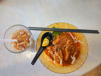 High angle view of food in plate