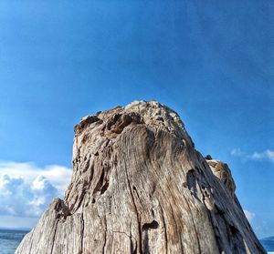 Low angle view of wood against blue sky