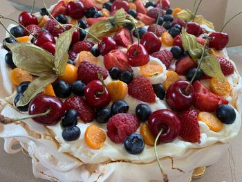 High angle view of strawberries on table