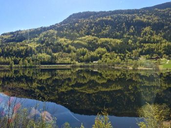 Scenic view of lake and mountains against sky