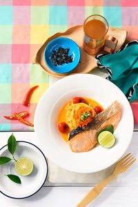 High angle view of breakfast served on table