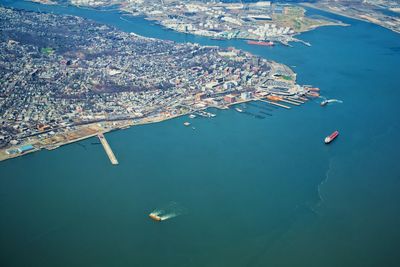 High angle view of boats in sea