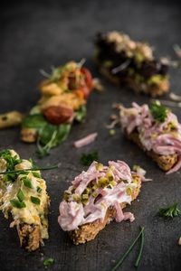 High angle view of chopped vegetables on table