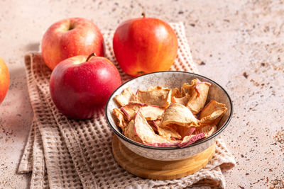 High angle view of fruits in bowl on table
