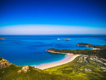 High angle view of bay against clear blue sky