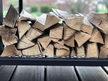 Close-up of log on table against trees in forest