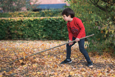 Full length of boy playing in autumn