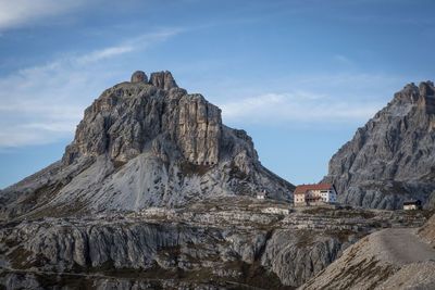 Rock formations on mountain against sky