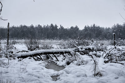 Snow on field against clear sky