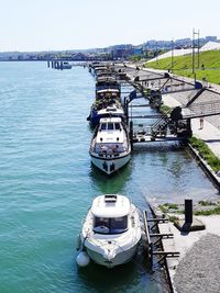 High angle view of ship moored at harbor