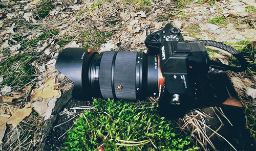 High angle view of camera on field