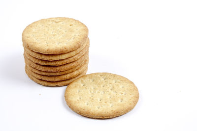 Close-up of cookies against white background