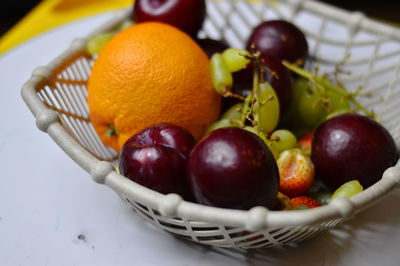 High angle view of fruits in bowl on table