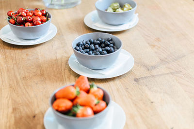 High angle view of fruits in plate on table