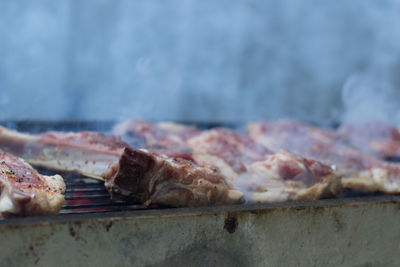 Close-up of meat on barbecue grill