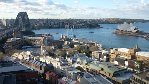 High angle view of buildings in city