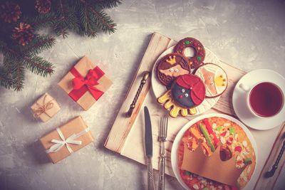 Directly above shot of christmas decorations on table