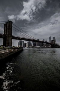 Brooklyn bridge over east river against urban skyline