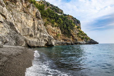 Scenic view of rocks in sea against sky