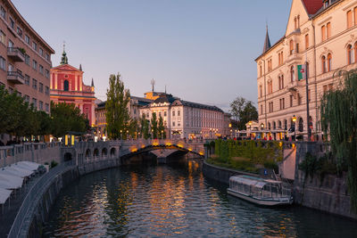 Bridge over river by buildings against sky in city