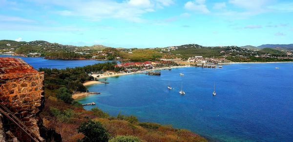 High angle view of sailboat in bay