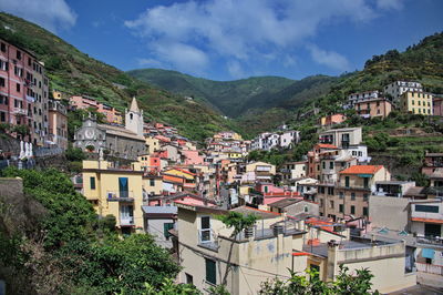 High angle view of scenic mediterranean town - riomaggiore, cinque terre, italy