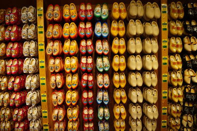 Full frame shot of colorful shoes for sale at store