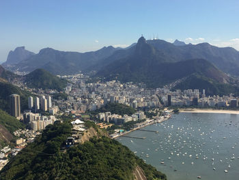 High angle view of townscape and bay against clear sky