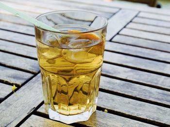 Close-up of beer glass on table