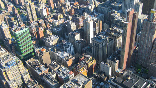 High angle view of modern buildings in city