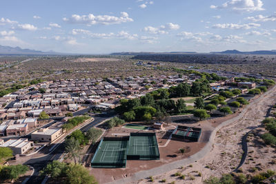Aerial view of tennis courts in southern arizona neighborhood