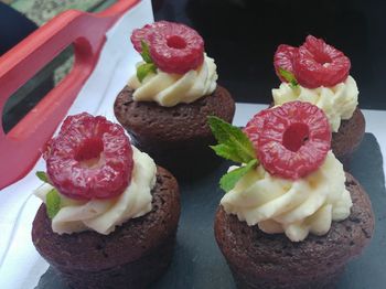 Close-up of dessert served on table