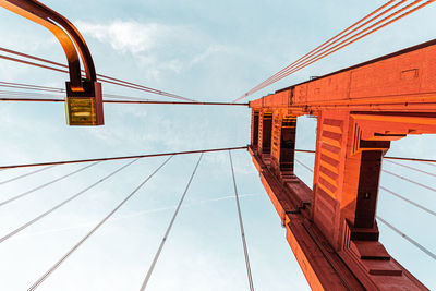 Low angle view of suspension bridge against sky