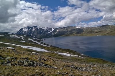 Scenic view of lake against cloudy sky