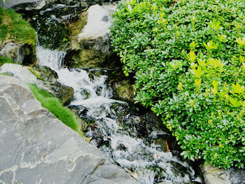 High angle view of stream amidst rocks