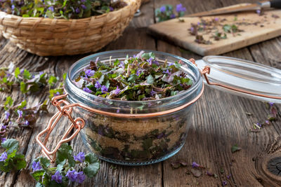 High angle view of potted plants on table