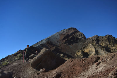 Low angle view of rock formations against clear blue sky