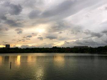 Scenic view of river against cloudy sky