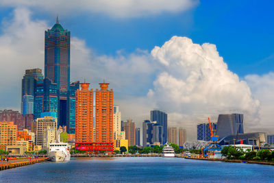 Stunning scenic cloud view and broad port city skyline,vast blue sea 