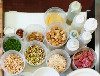 High angle view of breakfast on table