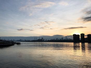 Scenic view of river against sky during sunset