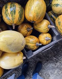 High angle view of pumpkins for sale at market